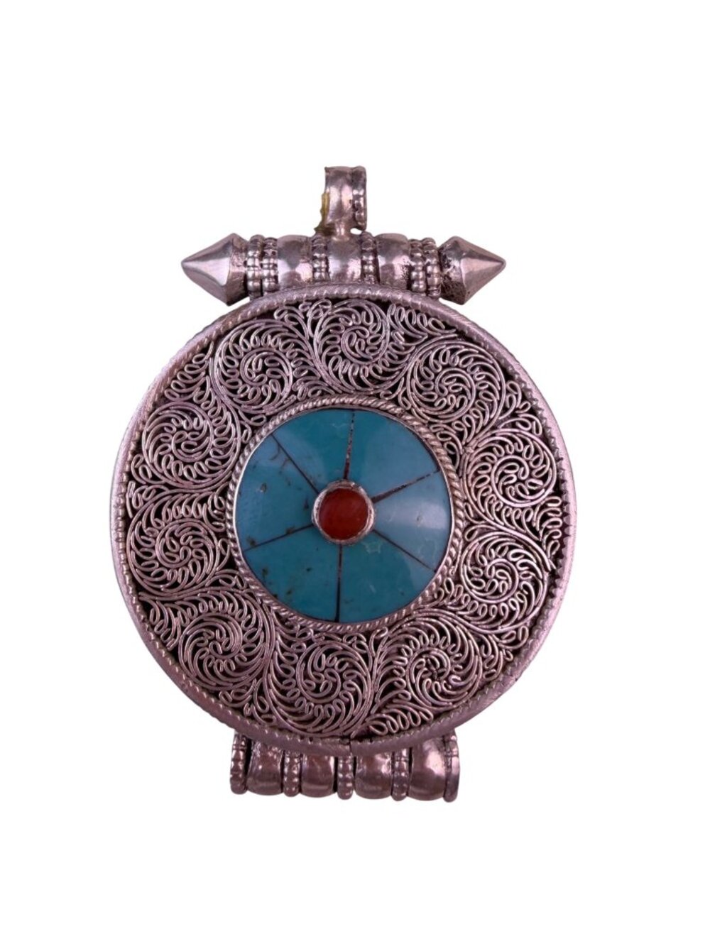 Tibetan Sterling Silver 925 Pendant Filigree Prayer Box Turquoise Coral Inlay